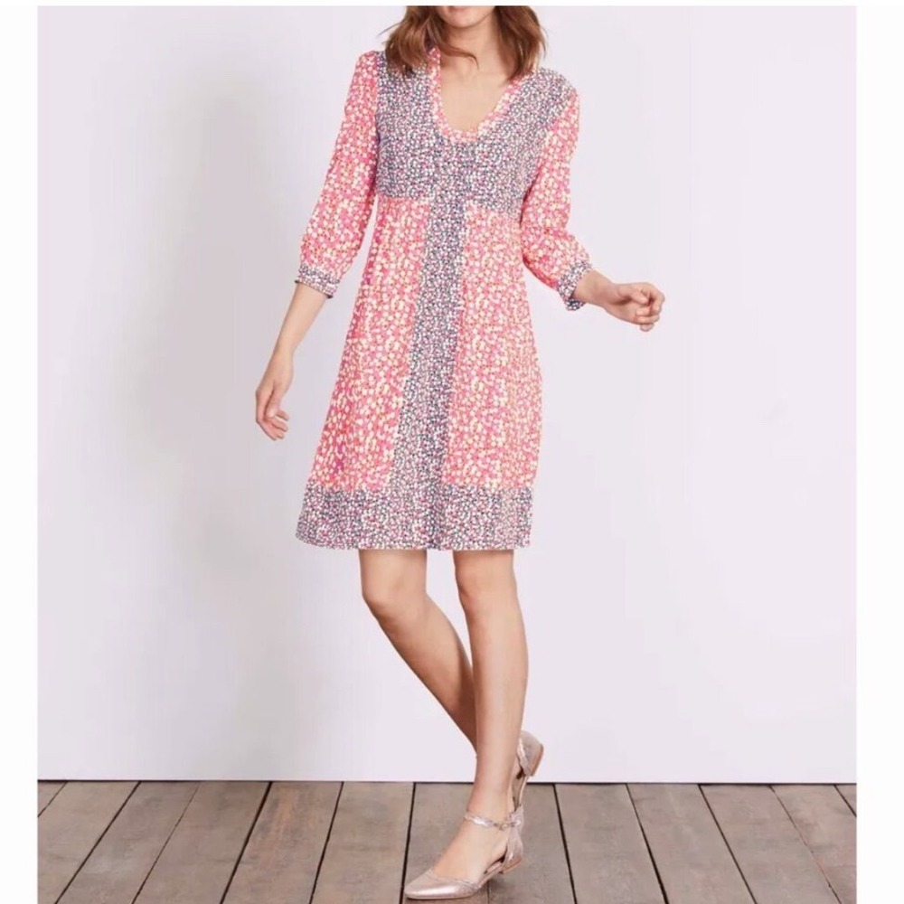 Boden Pink Floral Dot Print V-Neck Shift Dress 3/4 Sleeve US 8L WW096